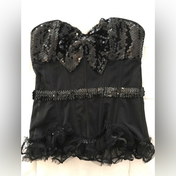 🤩 HOST PICK 💝 Black Sequin Bow Coquette Corset Bustier Size L Black Tie - Picture 1 of 7